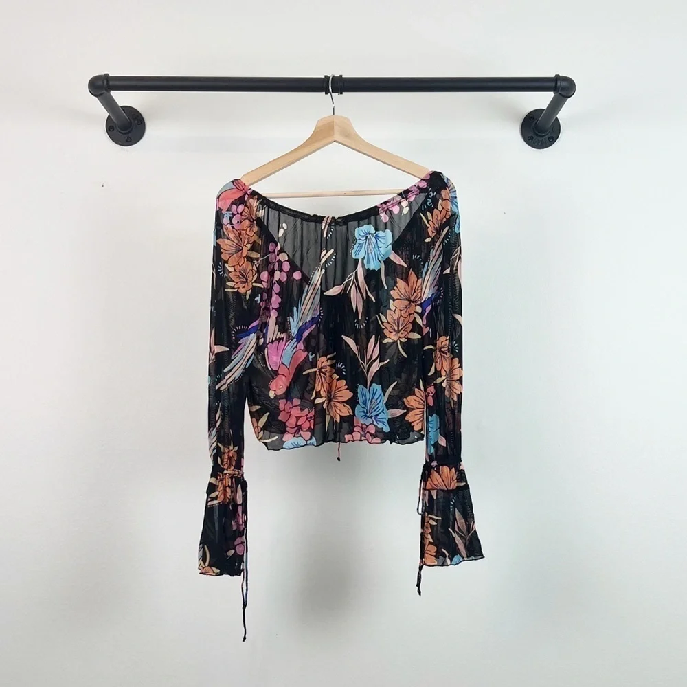 NWT Free People Of Paradise Floral Mesh Flyaway Top Black Combo